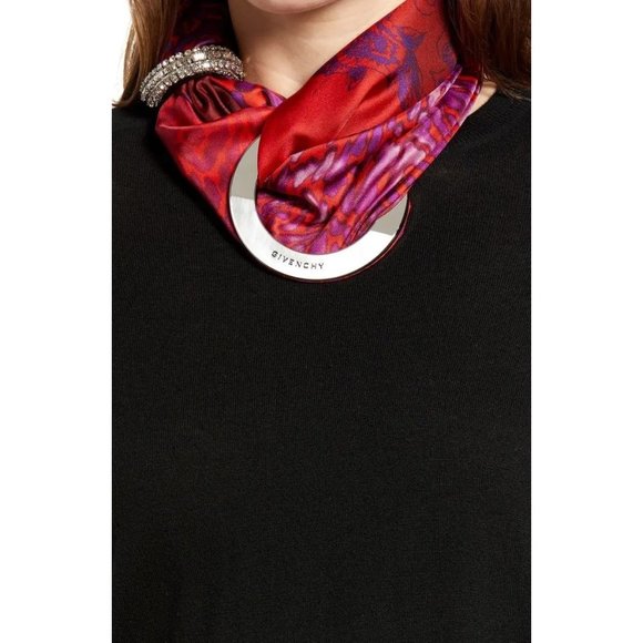 GIVENCHY Logo Eyelet Silk Twill Scarf In Red 26x27 with ring - Picture 1 of 16